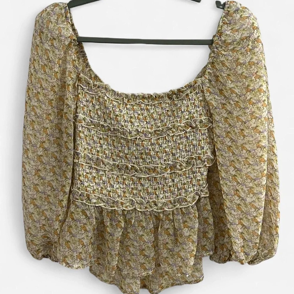 ASTR The Label Light Floral Smocked Square Neck + Tie Back Blouse